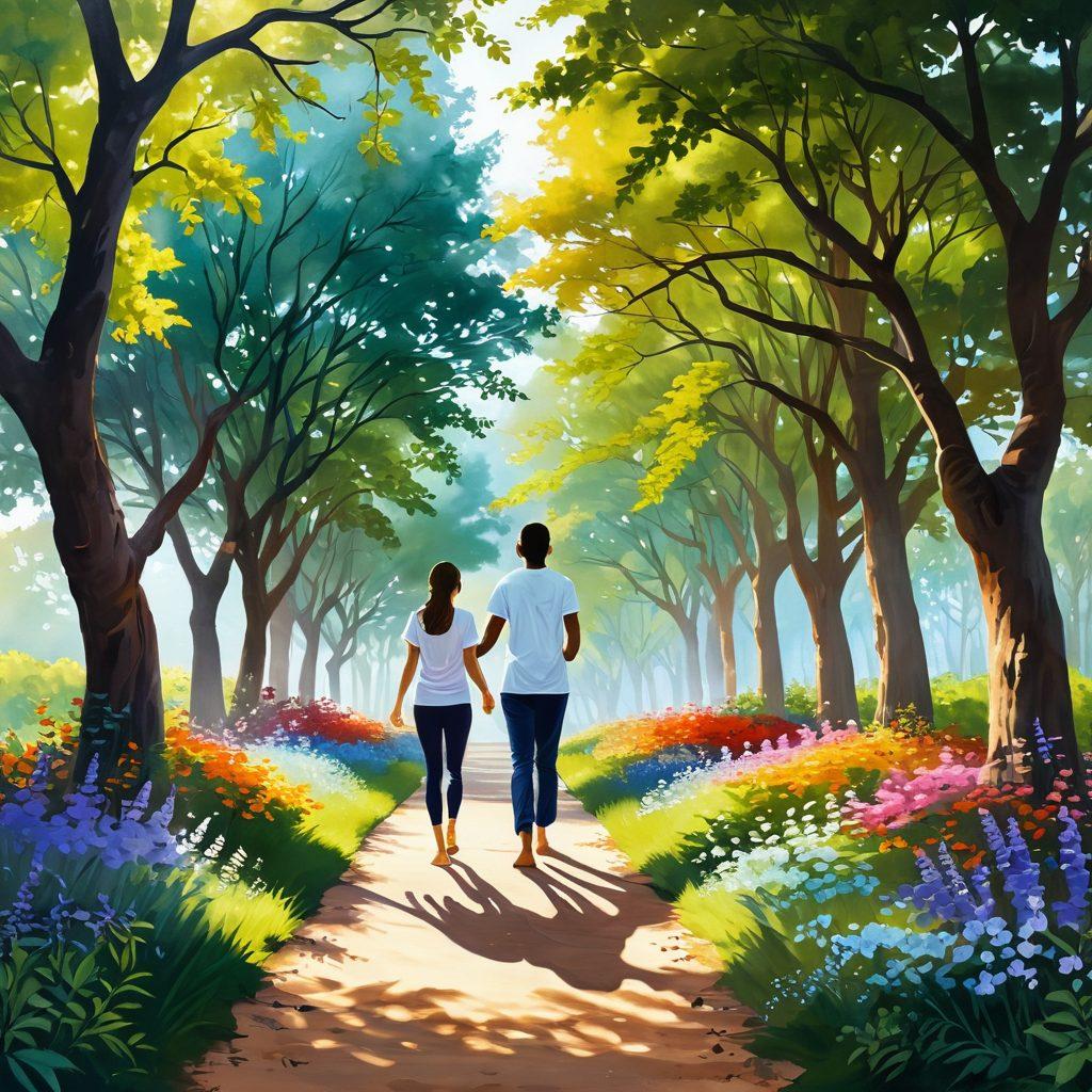 A serene journey through a vibrant landscape symbolizing recovery, showcasing a path lined with flowers representing hope, with individuals of diverse backgrounds engaging in wellness activities like yoga and meditation. Soft light filters through lush trees overhead, casting a warm glow on smiling faces. Include elements of healthcare, like a stethoscope intertwined with vines, subtly representing the journey from diagnosis to recovery. painting. vibrant colors. peaceful atmosphere.