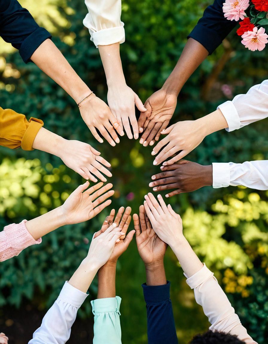 A diverse group of people holding hands in a circle, symbolizing support and unity, with soft light illuminating their faces. In the background, a lush green park setting with blooming flowers representing hope and healing. Infuse warm colors to evoke a sense of compassion and strength. super-realistic. vibrant colors. peaceful atmosphere.